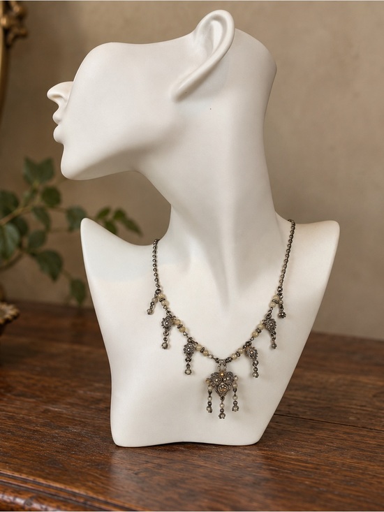 Estate Jewelry - Dark Academia Regency Vintage 925 Sterling Silver‎ Filigree Dangle Bib Necklace